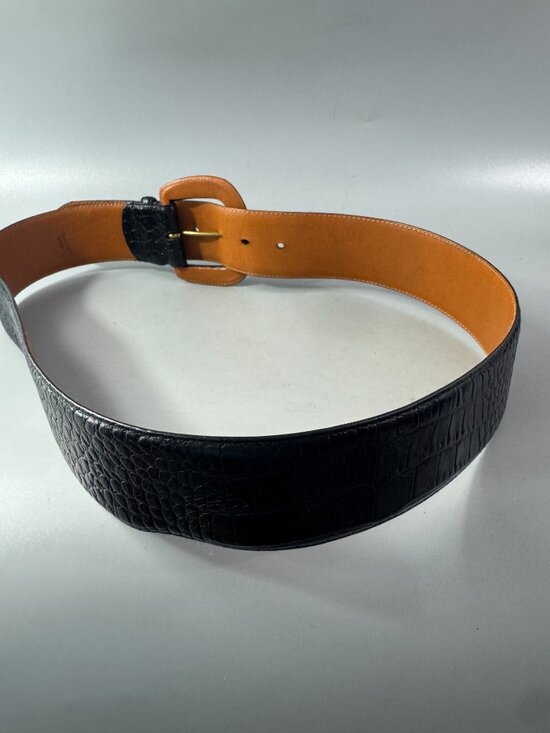 LAUREN RALPH LAUREN WIDE CROC EMBOSSED LEATHER WIDE BELT WOMEN LARGE BLACK main image 13